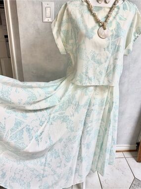From Hawaii Summer Dress - Aqua & White, Full Skirt & Crop Top w Cap Sleeves